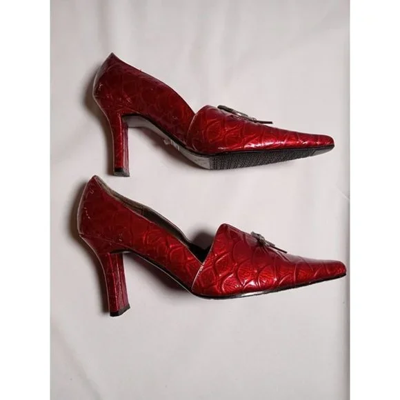 BELLINI Size 6 Medium Leather Upper Red Embosses Pointed Toe‎ 3" Heels - Picture 2 of 11